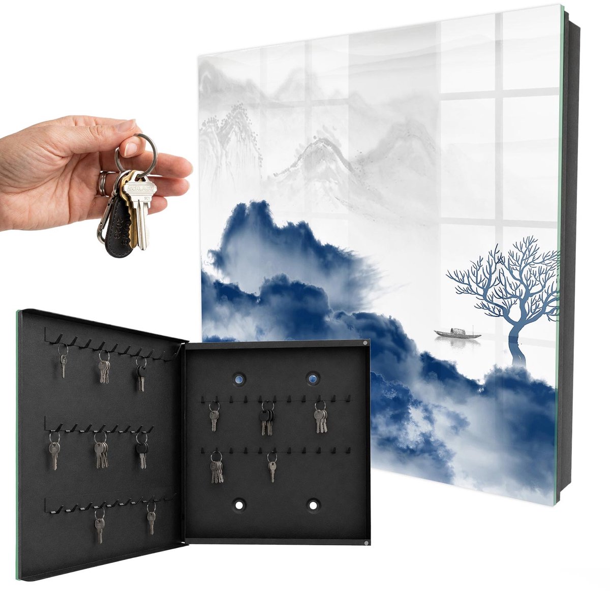 WallMuralia - Sleutelkast - 30x30x5 cm - met 50 haken - Mysterieuze Bergen Sleutelkastje Design - Blauw Sleutelbox - Linksopenend - Zwart interieur