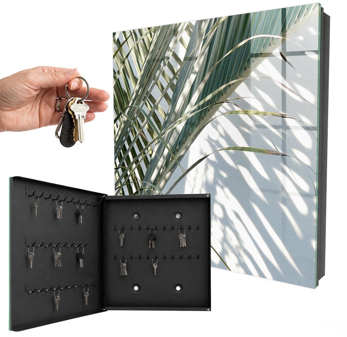 WallMuralia - Sleutelkast - 30x30x5 cm - met 50 haken - Palmbomen En Schaduwen Sleutelkastje Voor Binnen - Wit Sleutelbox - Linksopenend - Zwart interieur