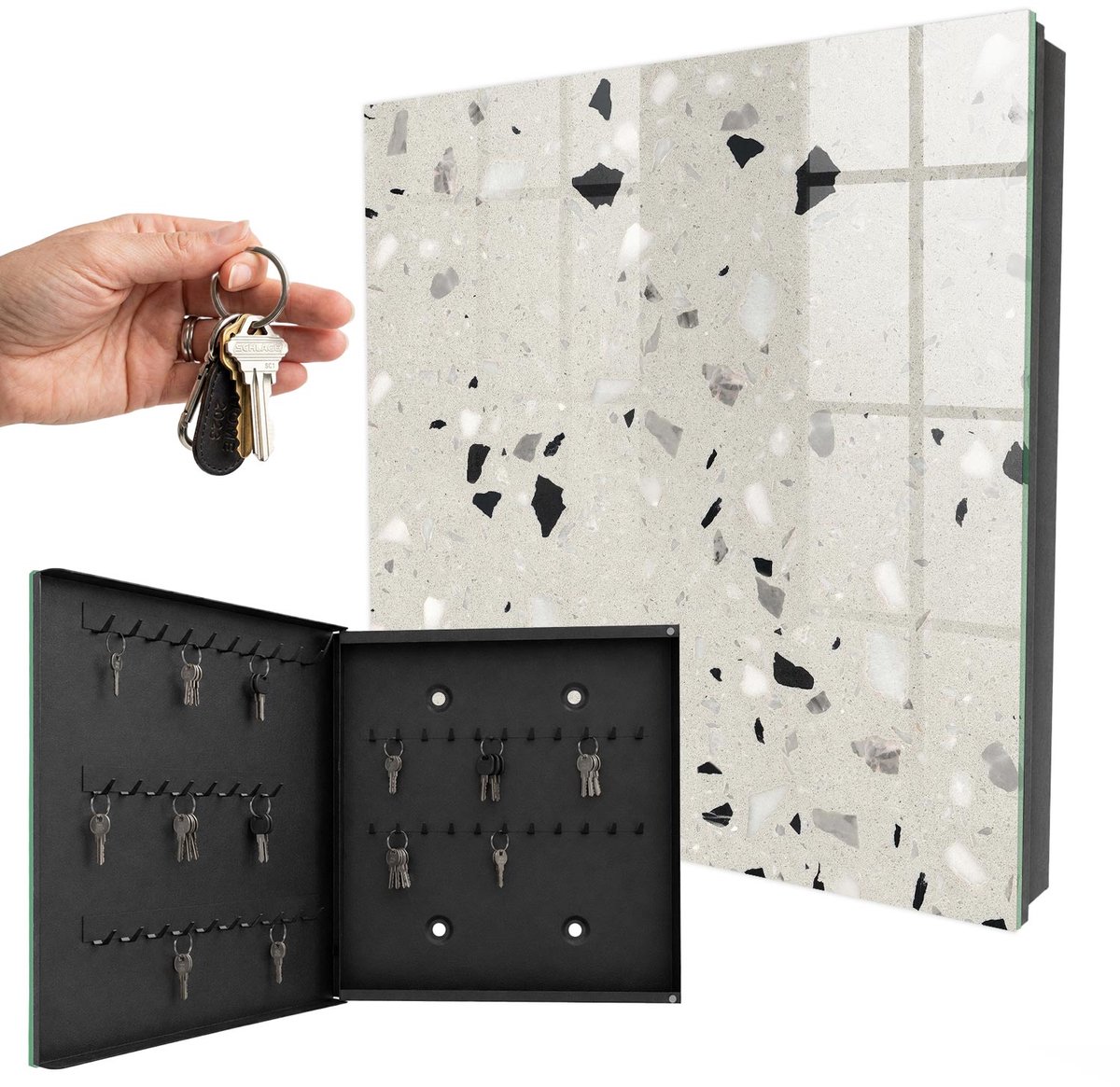 WallMuralia - Sleutelkast - 30x30x5 cm - met 50 haken - Grijs Patroon Sleutelkastje Design - Grijs Sleutelbox - Linksopenend - Zwart interieur