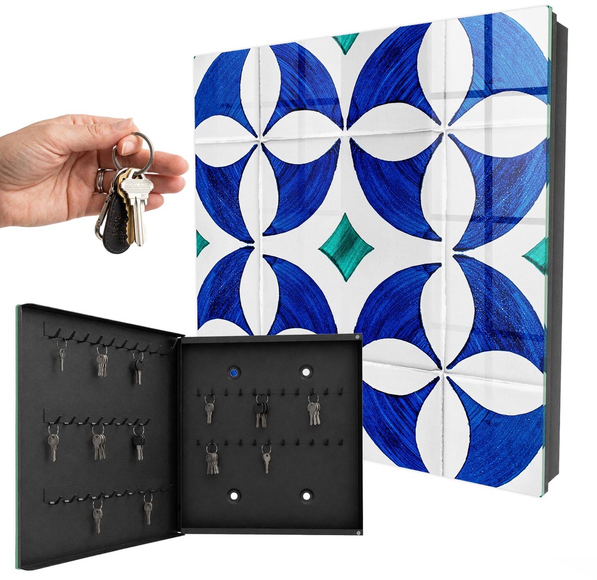 WallMuralia - Sleutelkast - 30x30x5 cm - met 50 haken - Geometrisch Motief Groot Sleutelkastje - Blauw Sleutelbox - Linksopenend - Zwart interieur