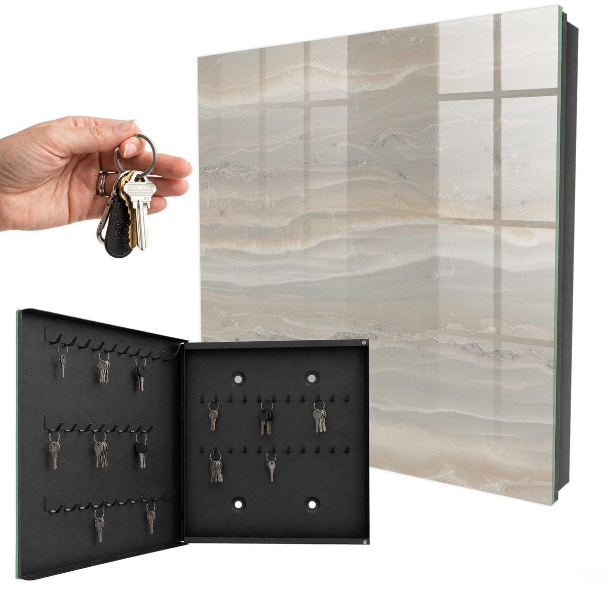 WallMuralia - Sleutelkast - 30x30x5 cm - met 50 haken - Beige Golven Sleutelkastje Voor Binnen - Beige Sleutelbox - Linksopenend - Zwart interieur