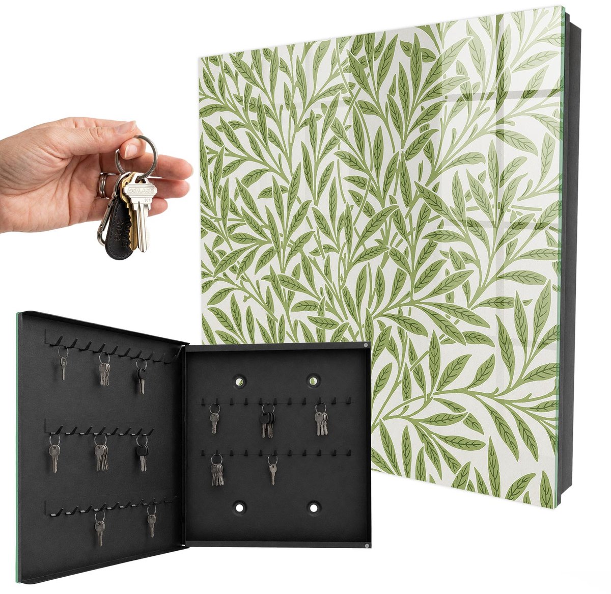 WallMuralia - Sleutelkast - 30x30x5 cm - met 50 haken - Groene Natuur Design Sleutelkastje - Groente Sleutelbox - Linksopenend - Zwart interieur