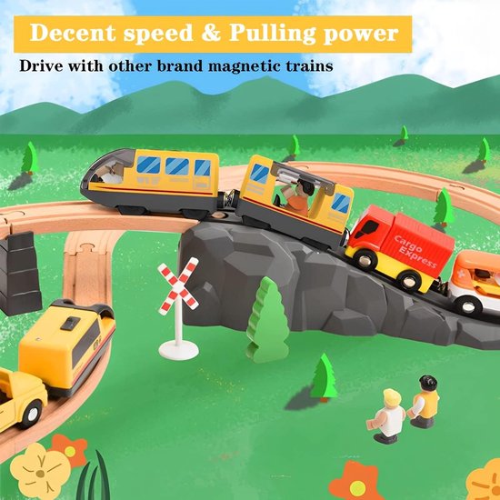 elektrische locomotief houten spoor, batterij-aangedreven trein, krachtige motortrein compatibel met Thomas, Brio, speelgoed voor kinderen peuter jongen, geel — afbeelding 2