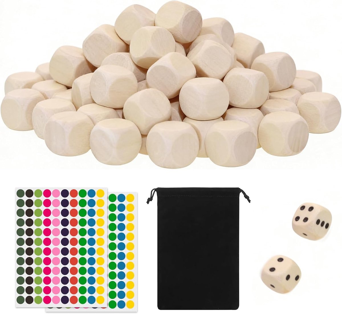 60 stuks ongeverfde 6-zijdige houten dobbelstenen 20 mm inclusief opbergzakje met trekkoord en stippenstickers voor doe-het-zelf spelletjes en knutselprojecten