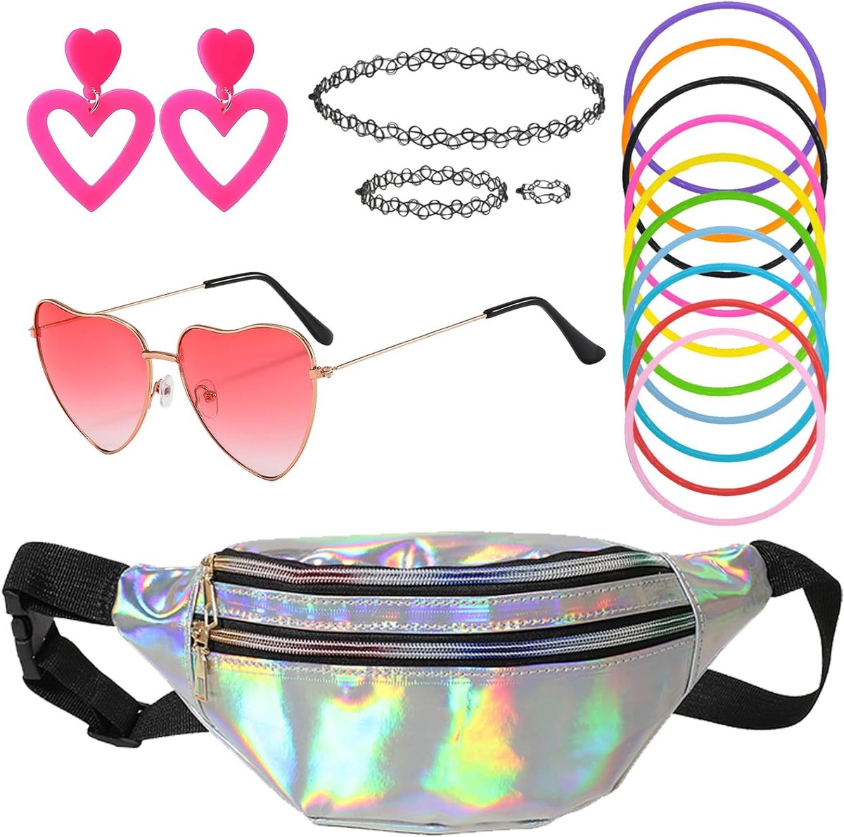 17-delige kostuumaccessoires voor dames, hippie-accessoires, zonnebril, halsketting, oorbellen, voor themafeesten, carnaval, Kerstmis en cosplay voor jaren 80 retro feestjes