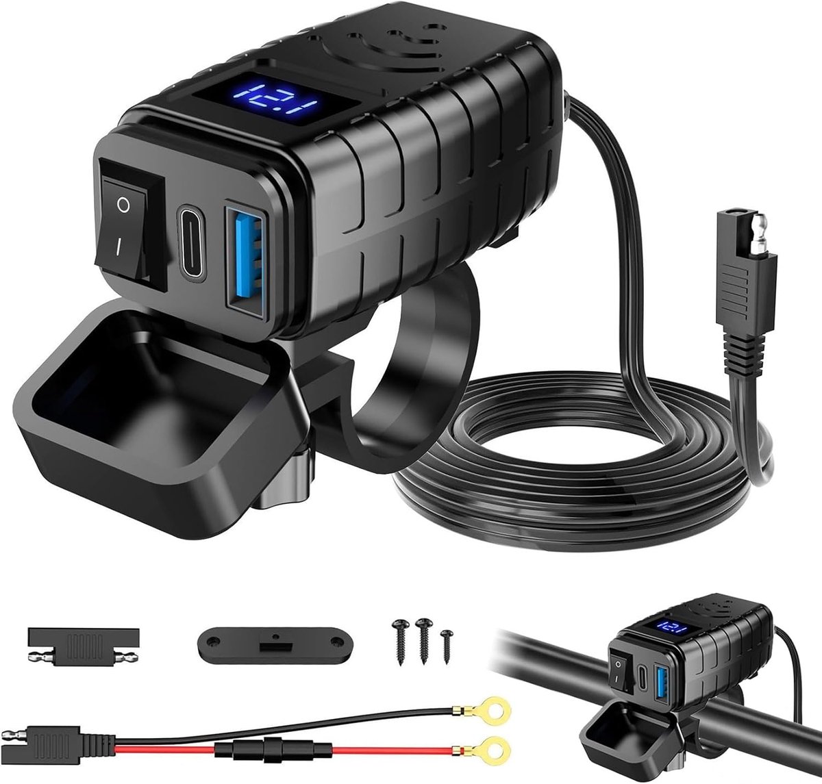 waterdichte motorfiets USB-aansluiting met AAN/UIT-schakelaar en Quick Charge Type C multi USB-kabel snelkoppelingsadapter voor motor en camper oplader