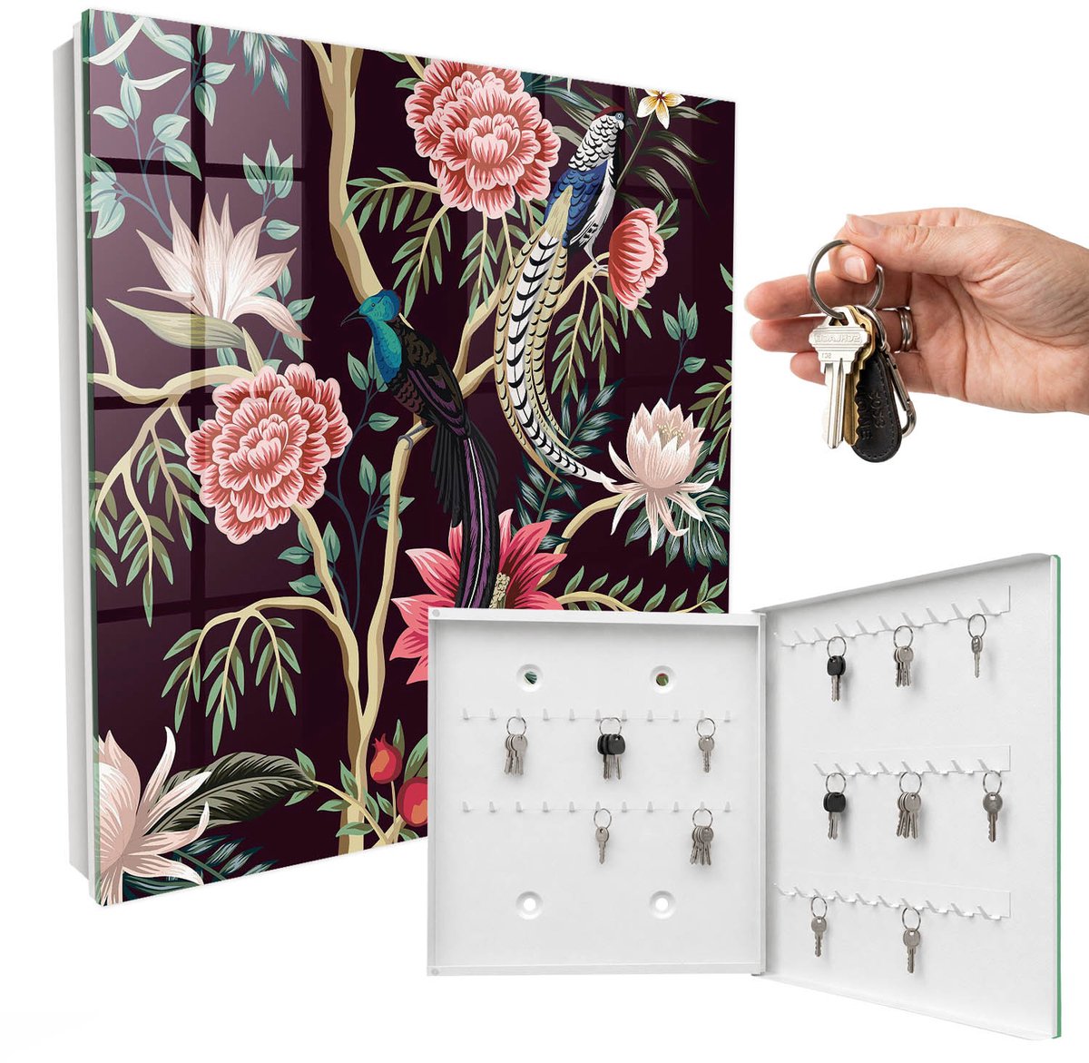 WallMuralia - Sleutelkast - 30x30x5 cm - met 50 haken - Bloemen En Vogels Sleutelkastje Hal - Roze Sleutelbox - Rechtsopenend - Wit interieur