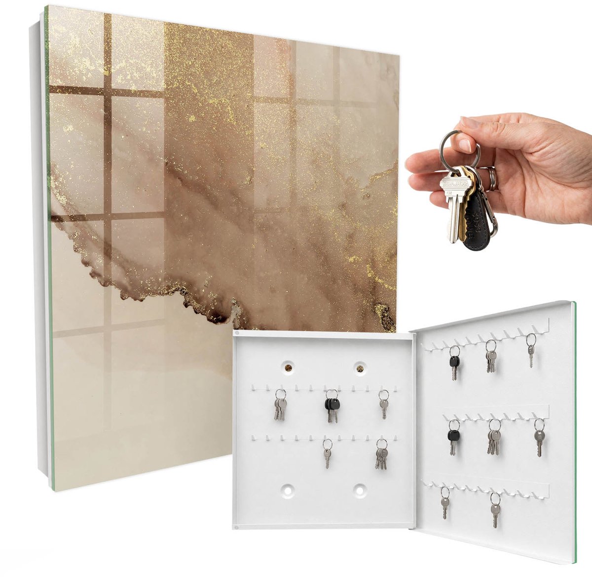 WallMuralia - Sleutelkast - 30x30x5 cm - met 50 haken - Artistieke Abstractie Sleutelkastje Huis - Beige Sleutelbox - Rechtsopenend - Wit interieur