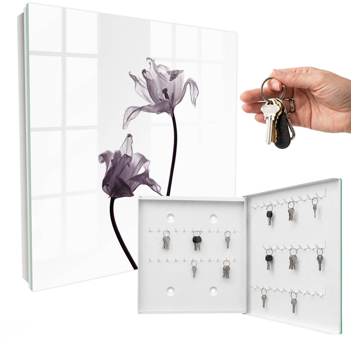 WallMuralia - Sleutelkast - 30x30x5 cm - met 50 haken - Minimalistische Bloemen Sleutelkastje Industrieel - Wit Sleutelbox - Rechtsopenend - Wit interieur