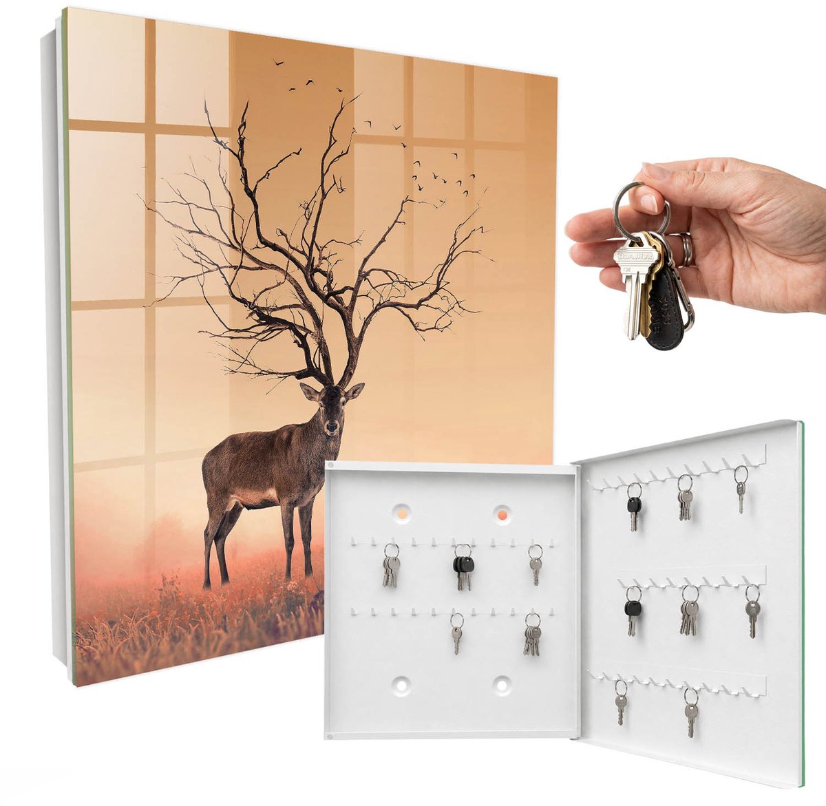 WallMuralia - Sleutelkast - 30x30x5 cm - met 50 haken - Magisch Hert Sleutelkastje Gang - Oranje Sleutelbox - Rechtsopenend - Wit interieur