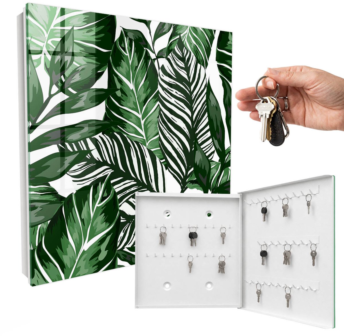 WallMuralia - Sleutelkast - 30x30x5 cm - met 50 haken - Plantenpatronen Sleutelkastje Industrieel - Groente Sleutelbox - Rechtsopenend - Wit interieur