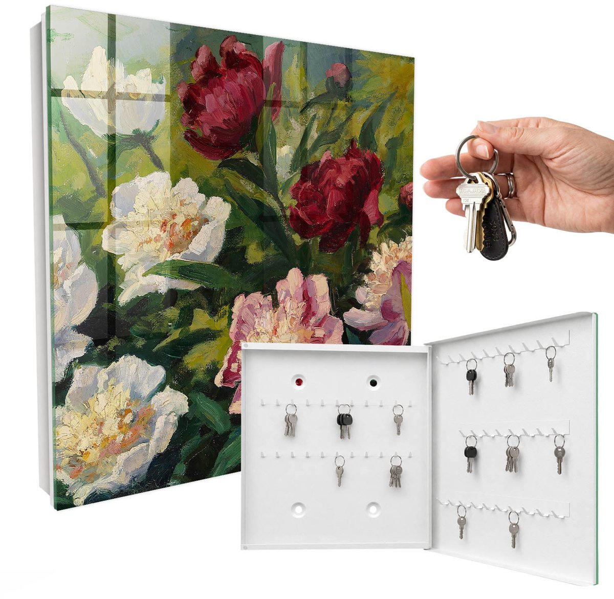 WallMuralia - Sleutelkast - 30x30x5 cm - met 50 haken - Kleurrijke Bloemen Sleutelkastje Huis - Groente Sleutelbox - Rechtsopenend - Wit interieur