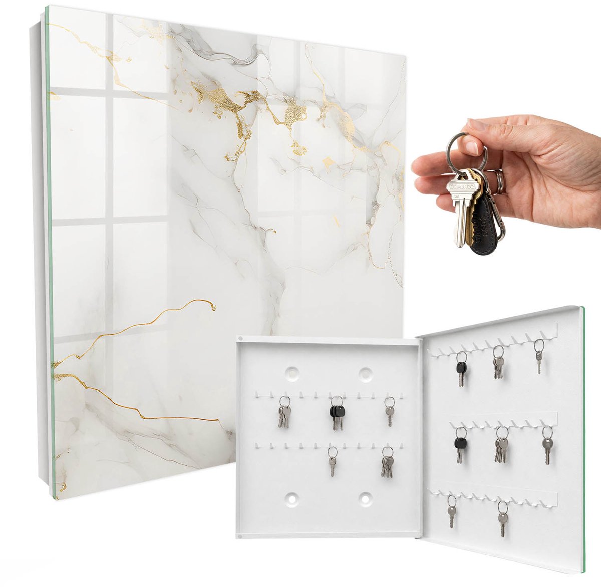 WallMuralia - Sleutelkast - 30x30x5 cm - met 50 haken - Elegante Achtergrond Sleutelkastje Voor Binnen - Wit Sleutelbox - Rechtsopenend - Wit interieur