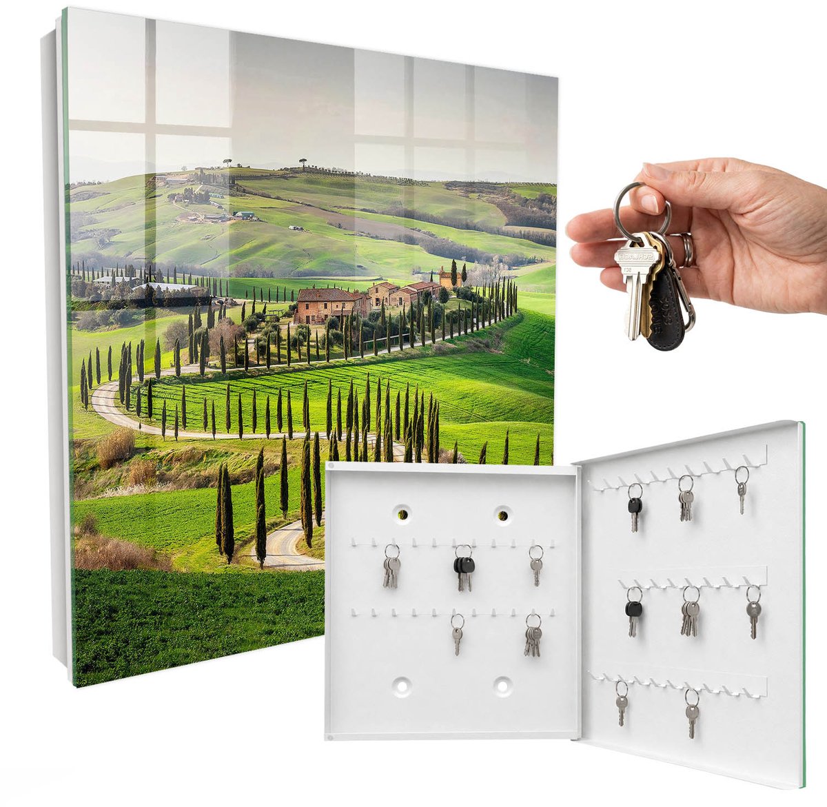 WallMuralia - Sleutelkast - 30x30x5 cm - met 50 haken - Toscaans Landschap Sleutelkastje Industrieel - Groente Sleutelbox - Rechtsopenend - Wit interieur