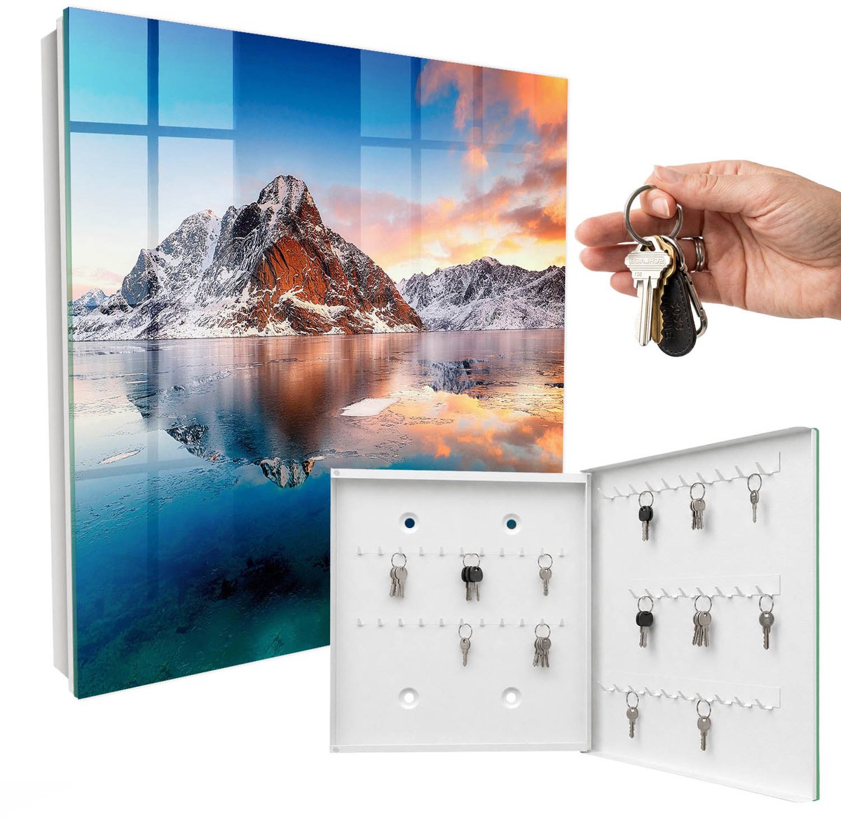 WallMuralia - Sleutelkast - 30x30x5 cm - met 50 haken - Berg Harmonie Sleutelkastje Modern - Blauw Sleutelbox - Rechtsopenend - Wit interieur
