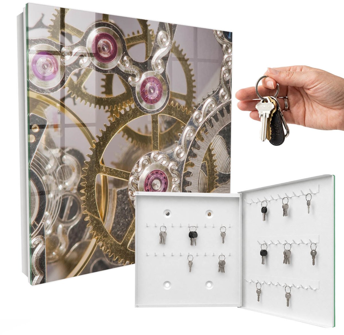 WallMuralia - Sleutelkast - 30x30x5 cm - met 50 haken - Mechanische Elegantie Sleutelkastje Gang - Grijs Sleutelbox - Rechtsopenend - Wit interieur