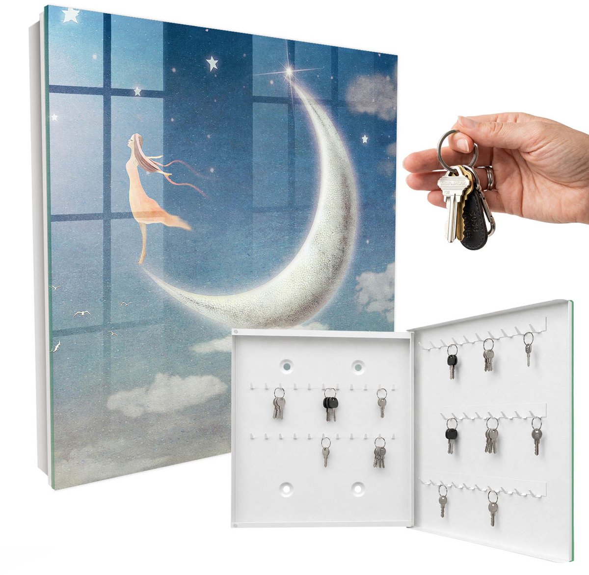 WallMuralia - Sleutelkast - 30x30x5 cm - met 50 haken - Hemelse Reis Sleutelkastje Huis - Blauw Sleutelbox - Rechtsopenend - Wit interieur