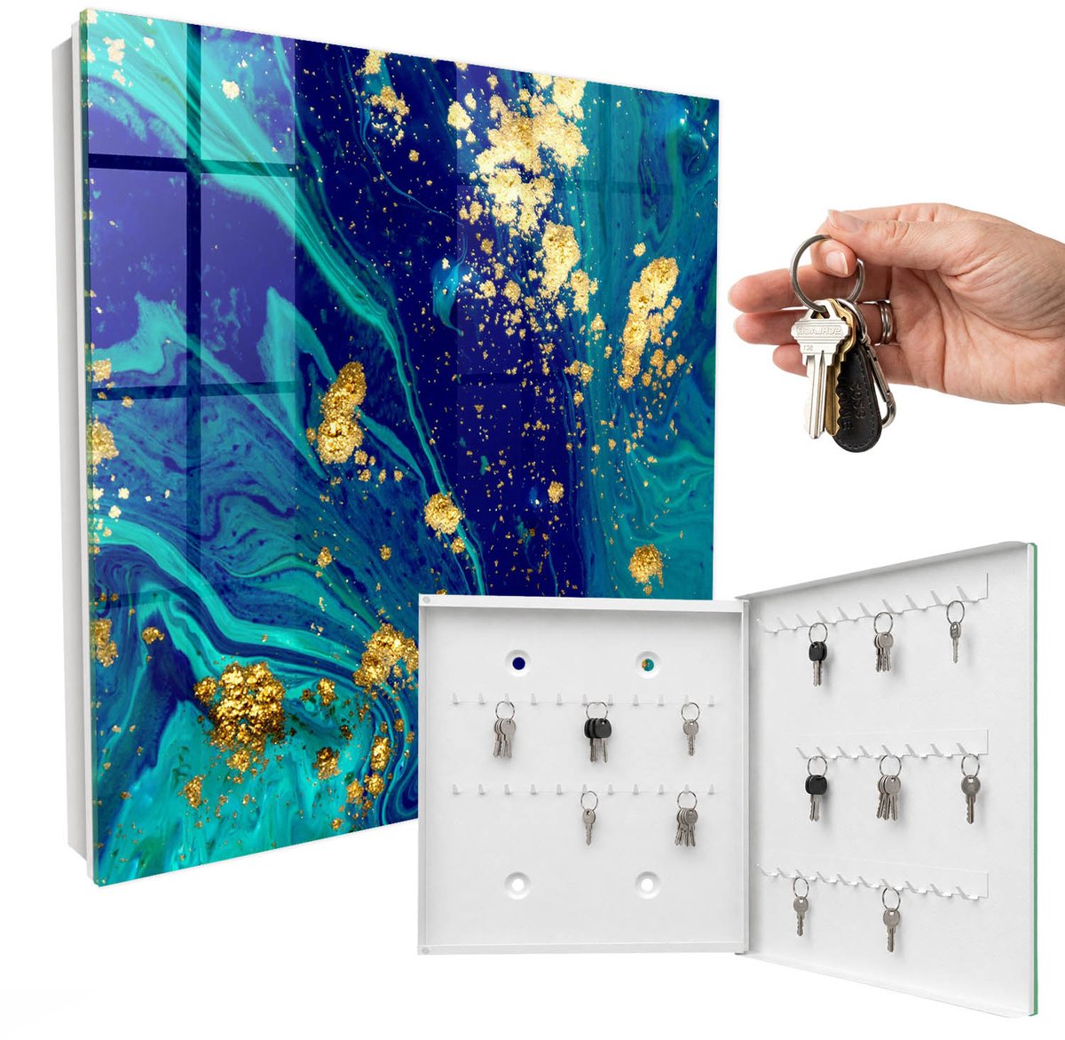WallMuralia - Sleutelkast - 30x30x5 cm - met 50 haken - Kleurrijke Abstractie Sleutelkastje Industrieel - Blauw Sleutelbox - Rechtsopenend - Wit interieur