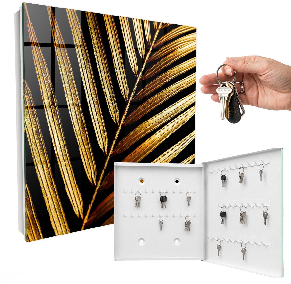 WallMuralia - Sleutelkast - 30x30x5 cm - met 50 haken - Elegant Blad Leuk Sleutelkastje - Zwart Sleutelbox - Rechtsopenend - Wit interieur