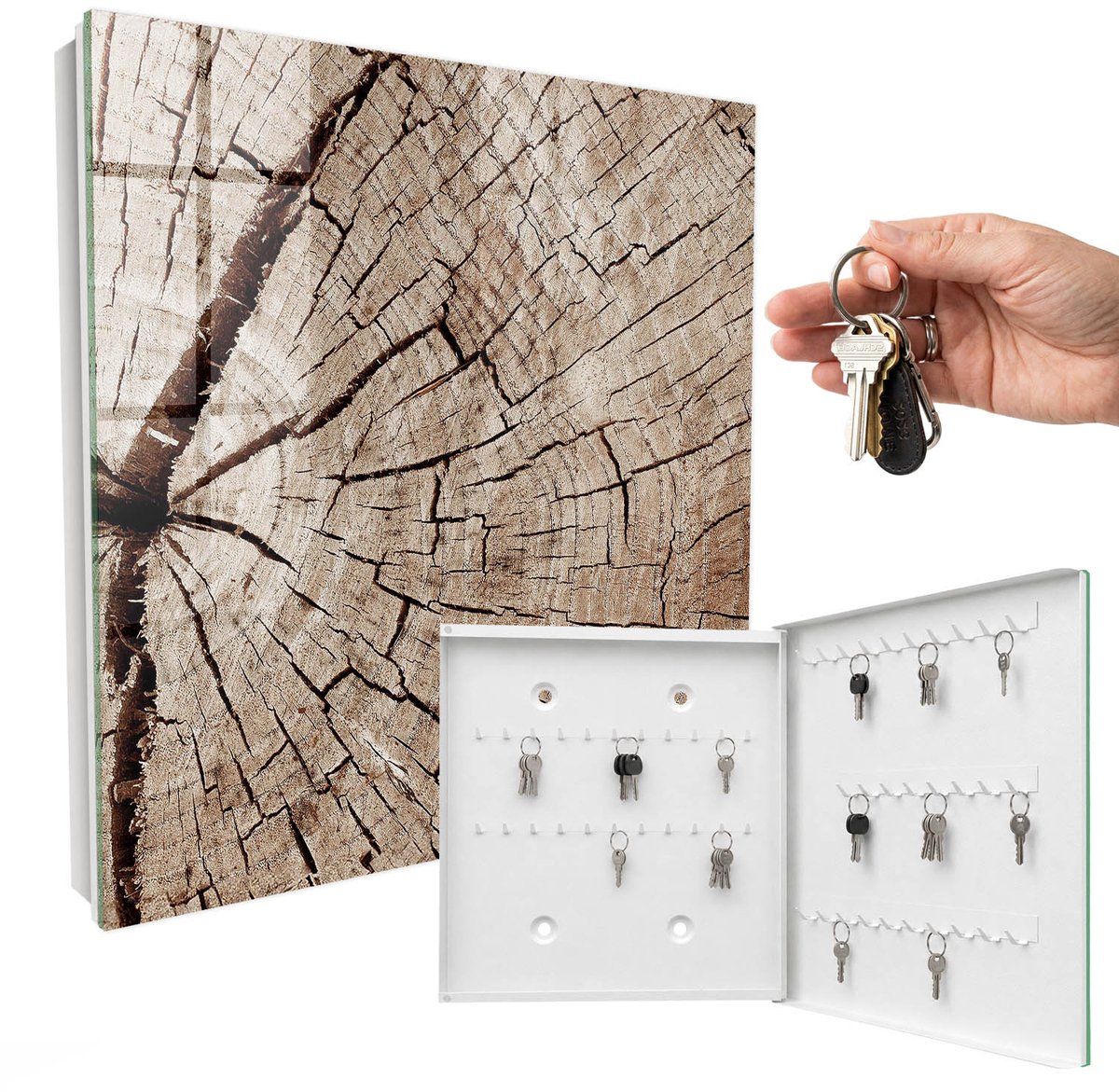 WallMuralia - Sleutelkast - 30x30x5 cm - met 50 haken - Houtnerf Groot Sleutelkastje - Bruin Sleutelbox - Rechtsopenend - Wit interieur