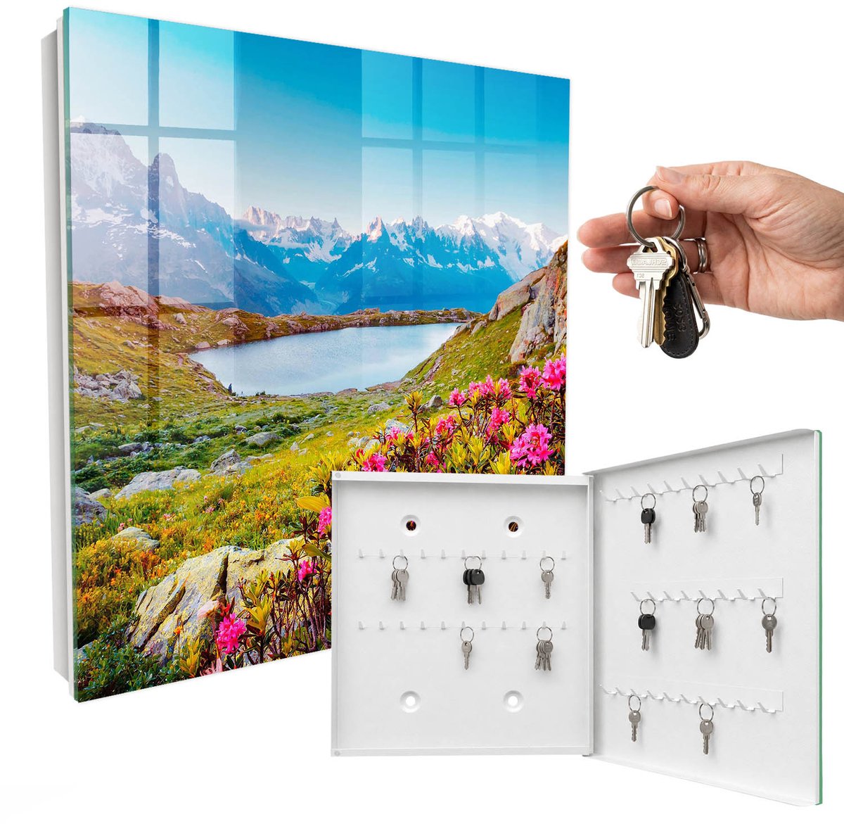WallMuralia - Sleutelkast - 30x30x5 cm - met 50 haken - Berglandschap Design Sleutelkastje - Blauw Sleutelbox - Rechtsopenend - Wit interieur
