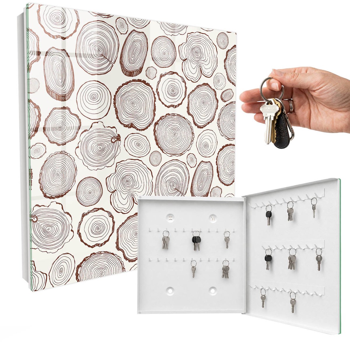 WallMuralia - Sleutelkast - 30x30x5 cm - met 50 haken - Houten Ringen Sleutelkastje Hal - Bruin Sleutelbox - Rechtsopenend - Wit interieur