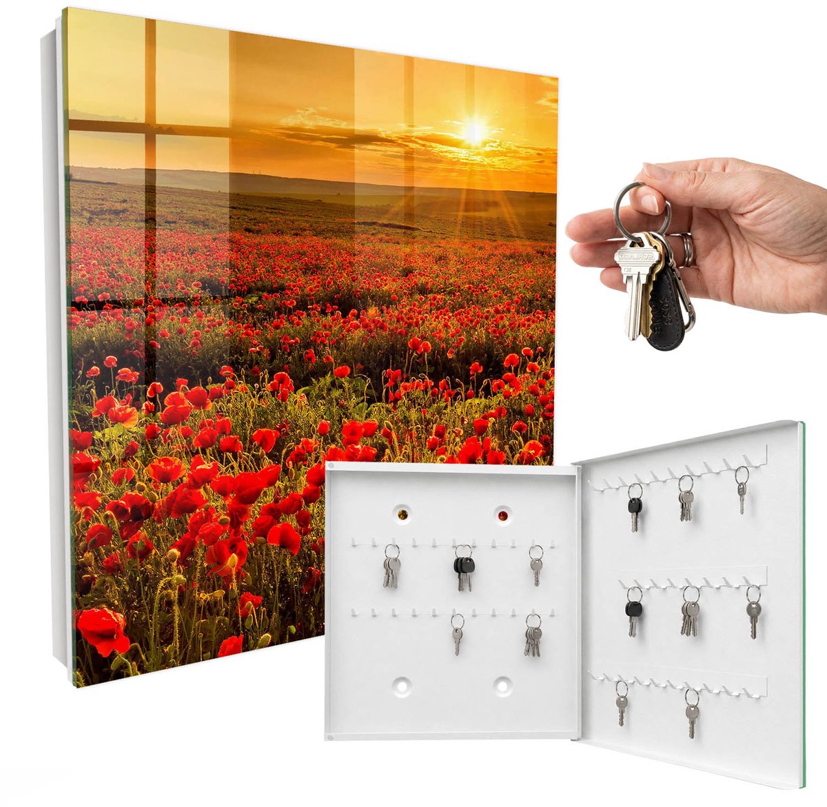 WallMuralia - Sleutelkast - 30x30x5 cm - met 50 haken - Klaprozenvelden Sleutelkastje - Rood Sleutelbox - Rechtsopenend - Wit interieur