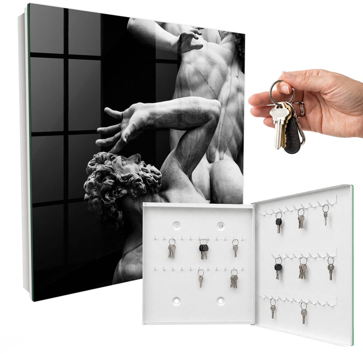 WallMuralia - Sleutelkast - 30x30x5 cm - met 50 haken - Stone-Emoties Sleutelkastje Voor Binnen - Zwart Sleutelbox - Rechtsopenend - Wit interieur