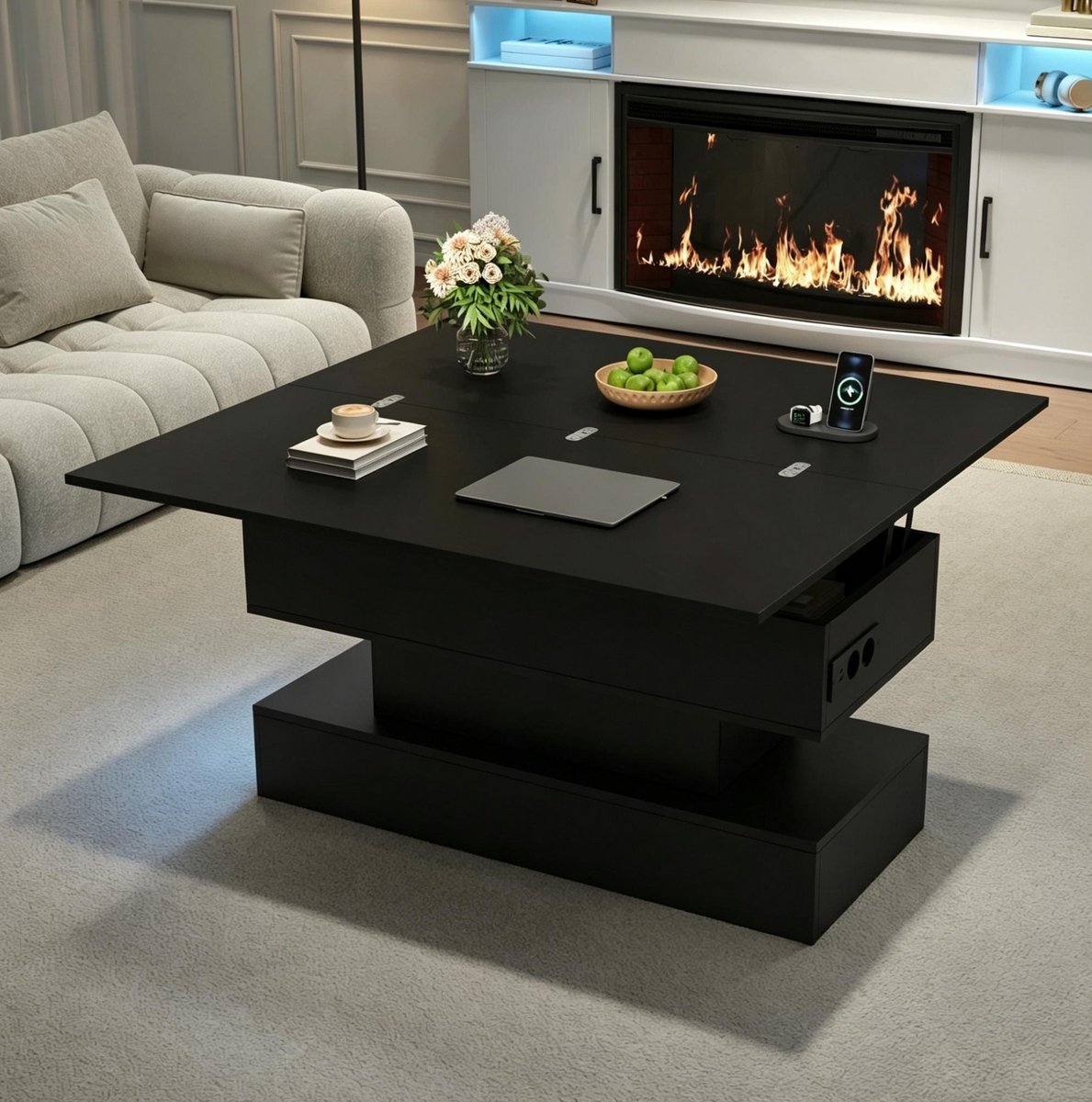 MIVRAY Salontafel - Hoogteverstelbare Opbergtafel met LED en Stopcontact - Modern Voor Woonkamer - Zwart - 100 X 50 X 51,5 Cm