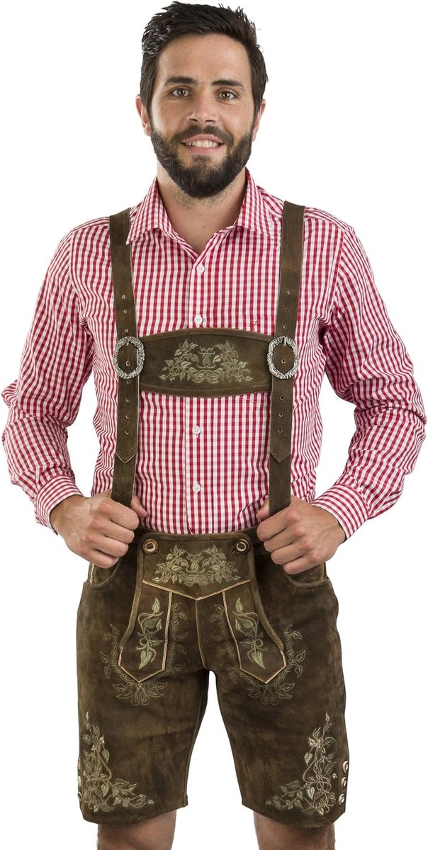 herfstbladeren traditionele lederhose bruin leer - fijn borduurwerk