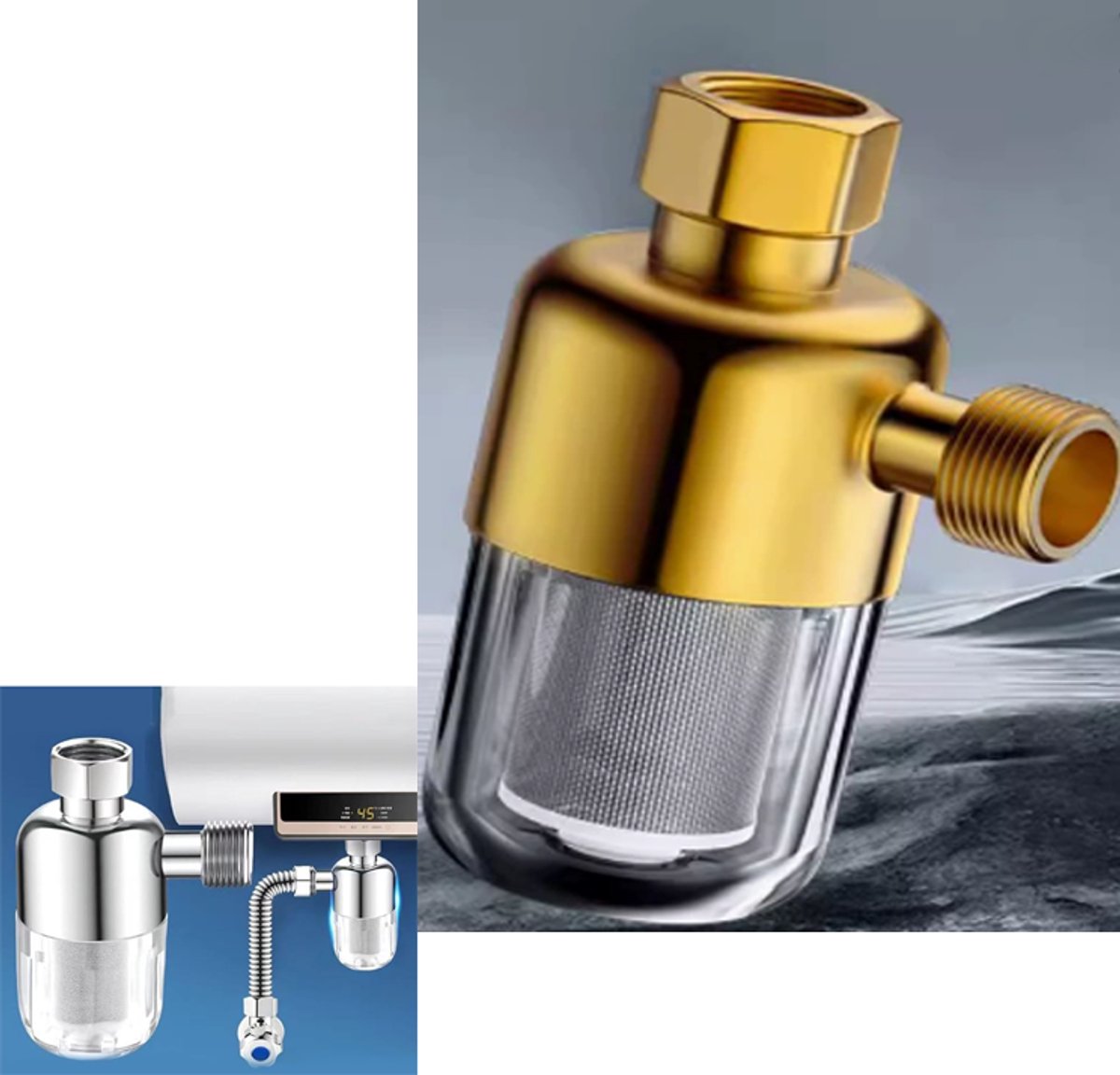 KZQ Huishoudelijk waterfilter met universele aansluiting - Herbruikbaar en effectief voor douche kranen en wasmachines - Goud