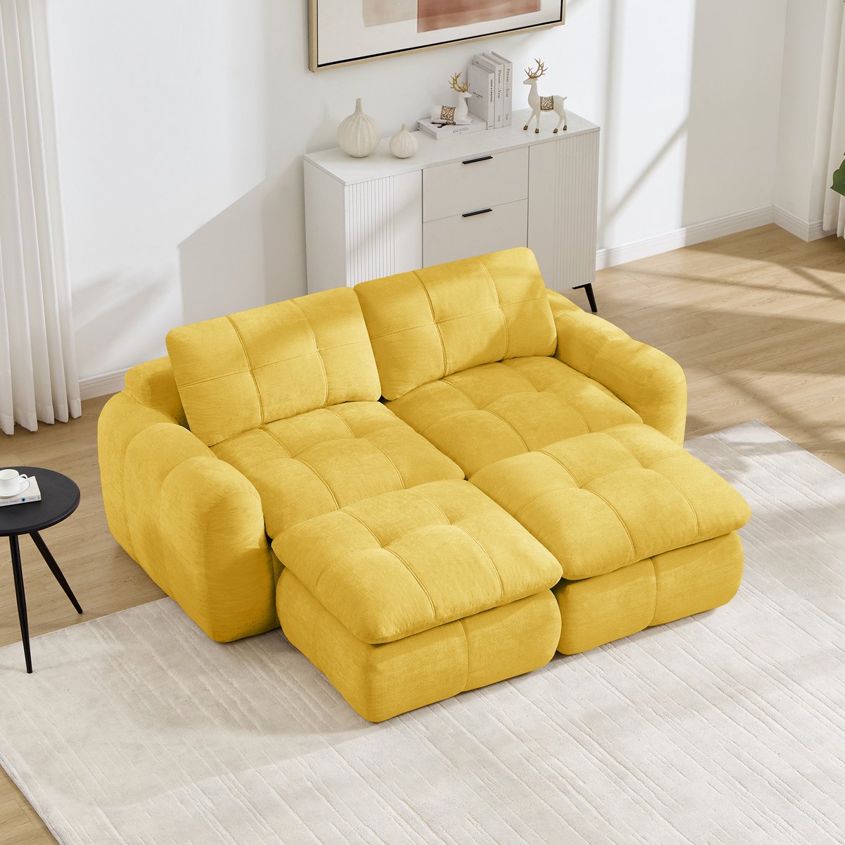 Modulaire Tweezitsbank,2-Zits Frameloze Modulaire Bank In Wolkdesign, Geruit En Doorgestikt, Chenille Bekleding, Brede En Diepe Zitplaatsen, Vrij Combineerbaar, Montagevrij, Inclusief 2 Voetenbankjes Voor Woonkamers en Appartementen-Geel