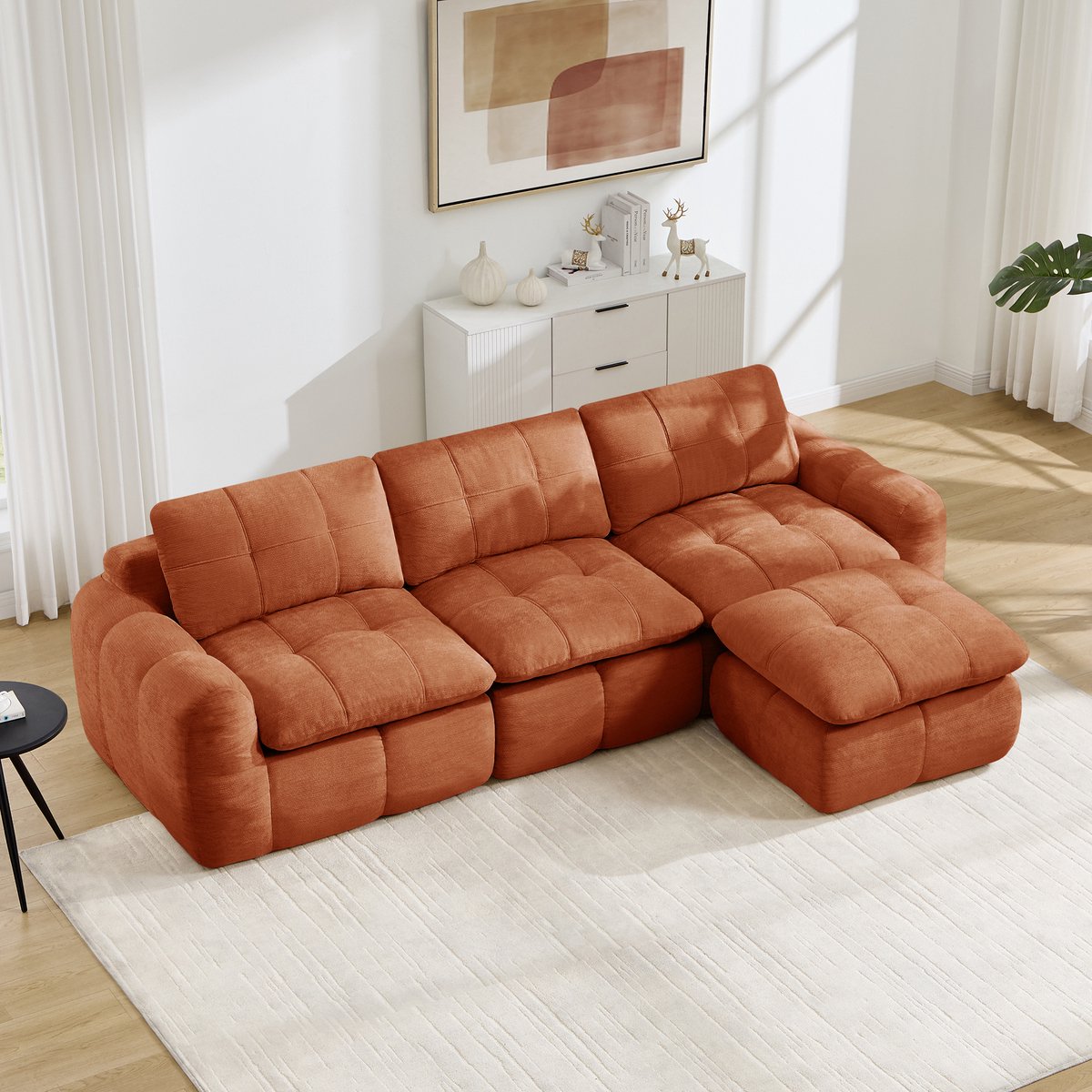 Moderne Hoekbank, L-Bank, 3-Zits bank, 3-Zits L-Vormige, Frameloze Modulaire Bank, Huidvriendelijke Zachte Chenille Bekleding, 32D Schuimvulling Met Hoge Dichtheid, Montagevrij, Inclusief 1 Poef, Geschikt Voor Woonkamers En Appartementen,Oranje