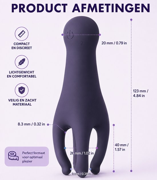 Afmetingen van een donkerpaarse vibrator in handvorm, met compacte, lichte en zachte specificaties. "PRODUCT AFMETINGEN"