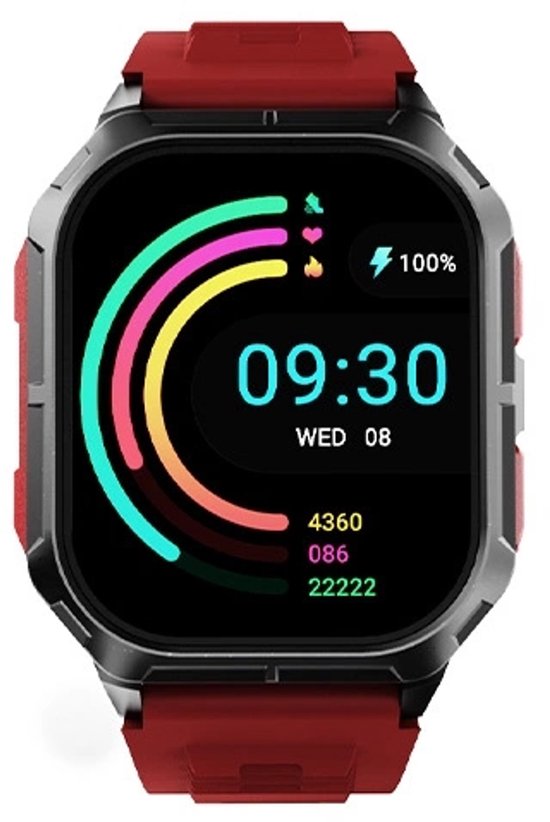 Rode smartwatch met zwarte kast en gekleurde ringen op het scherm, 09:30.