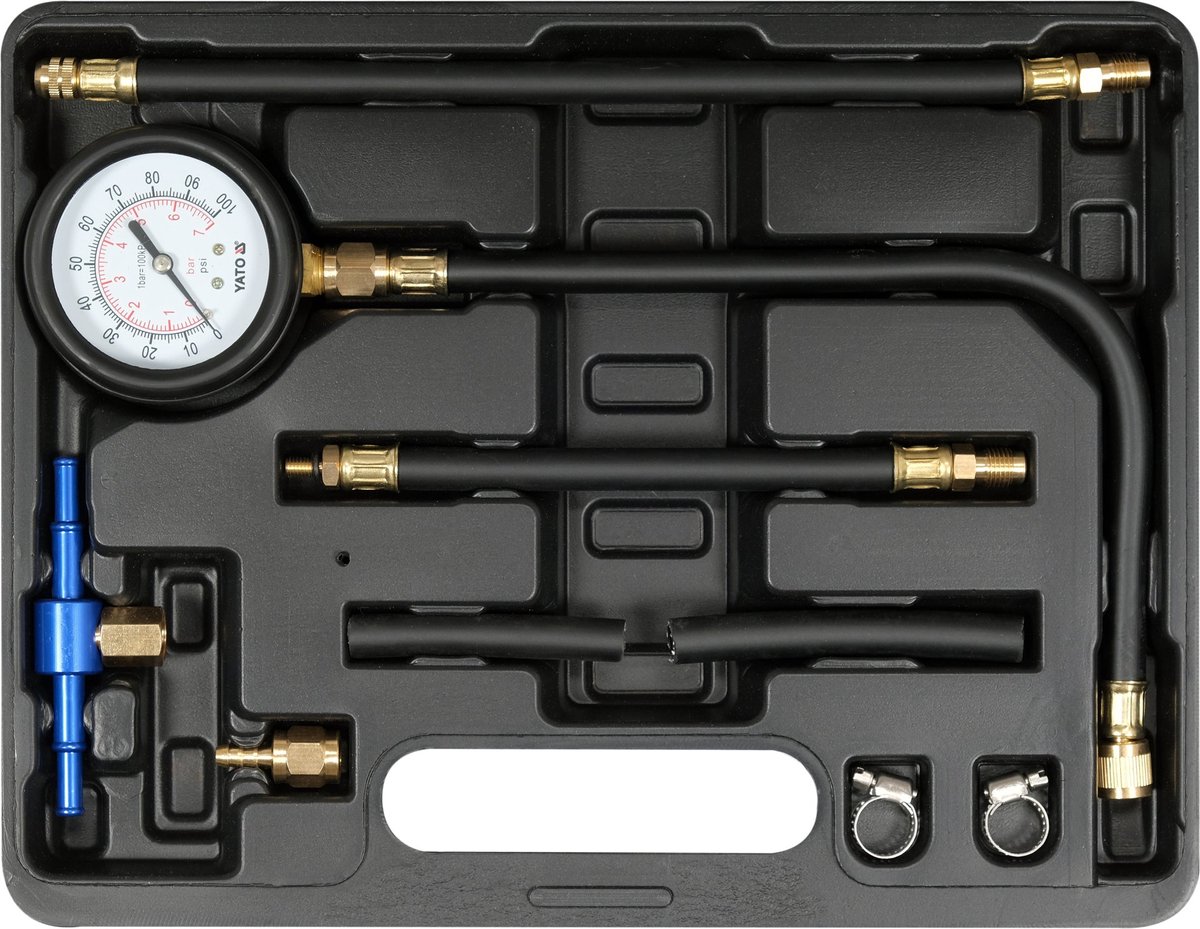 Professionele Benzine Injectiedrukmeter Set – 9-Delig – Brandstofdrukmeter met Manometer (0–100 PSI / 0–0,7 MPa) & Adapters – Voor Injectiesystemen – Inclusief Koffer