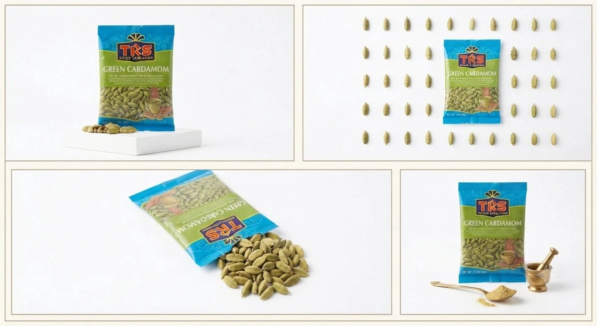 TRS Groene Kardemom Elaichi Hele Peulen – 20 x 50 gram (1000g Bulk) – Verse Aromatische Groene Kardemomkapsels – Indiase Kruiden & Specerijen Voordeelverpakking Met Kajal Sticker