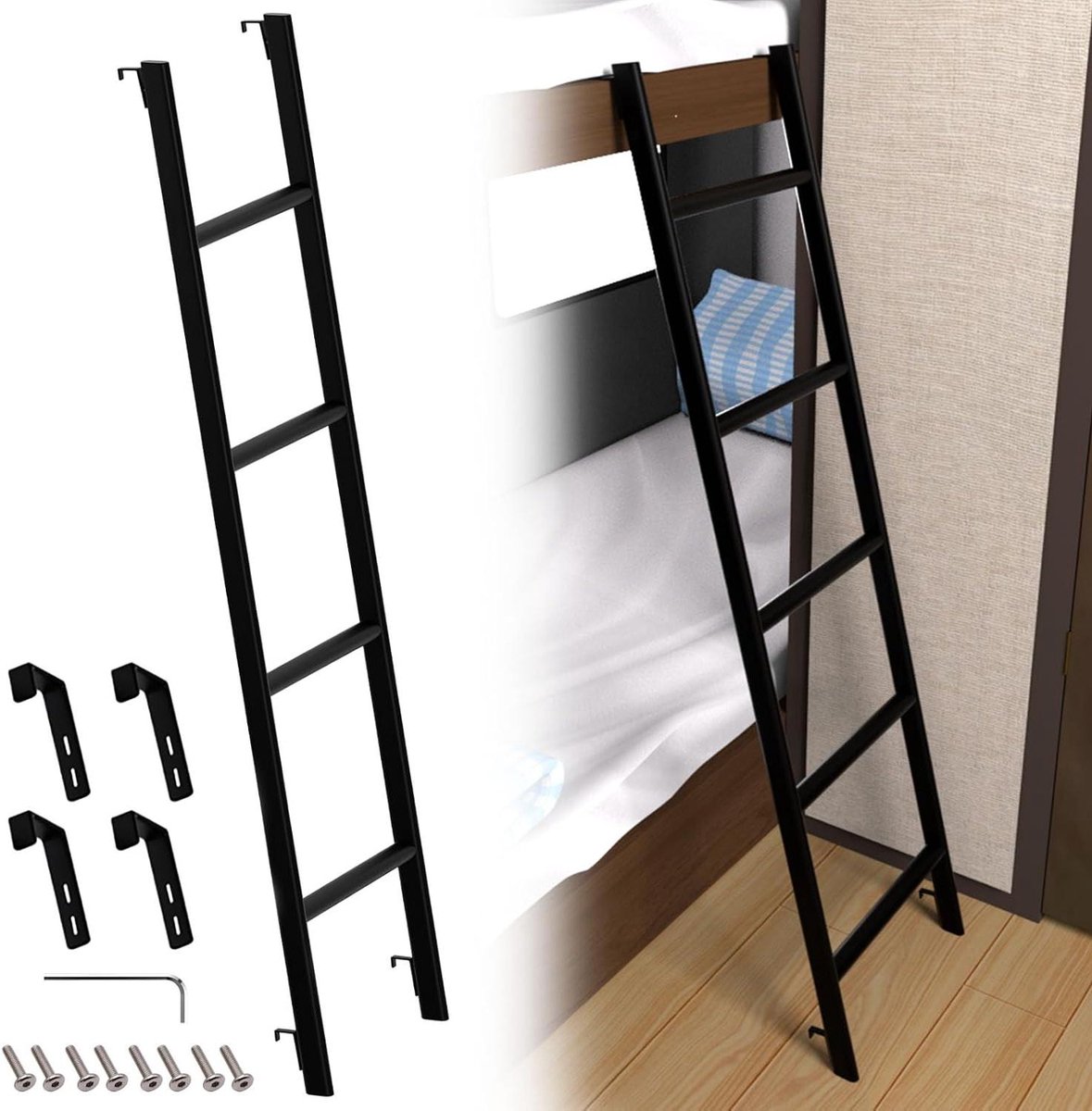 Bed Ladder - Caravan Ladder Bunk Bed Ladder - Veilig Bed Bereiken - Rubberen Haken - 140 cm - Zwart