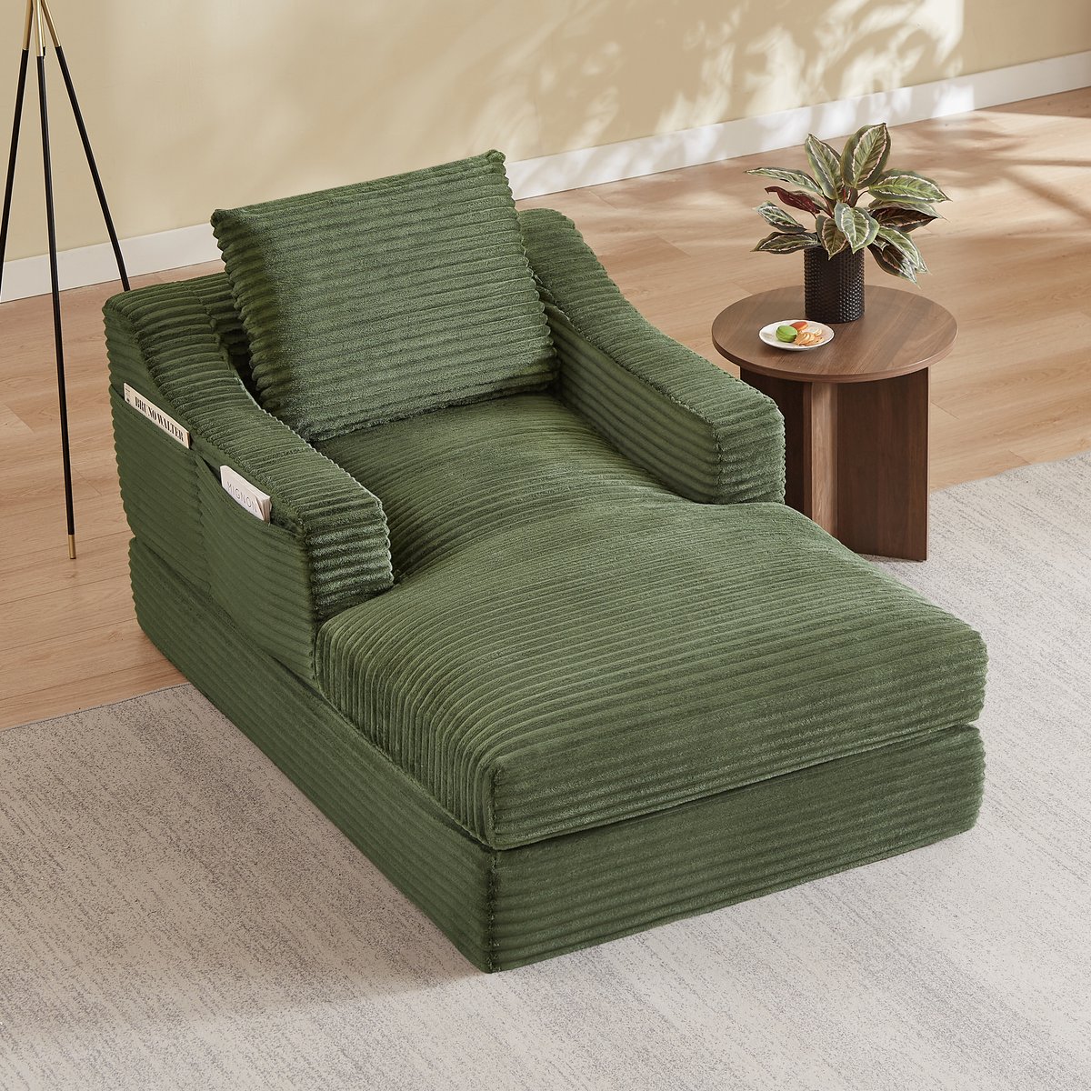 Intebiki Chaise longue - Corduroy - Fauteuil - Eenpersoonsbank - Met rugkussen - Geen montage nodig - Groen