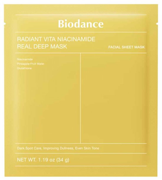 Gele verpakking voor Biodance Radiant Vita Niacinamide Real Deep Mask, gezichtsmasker.