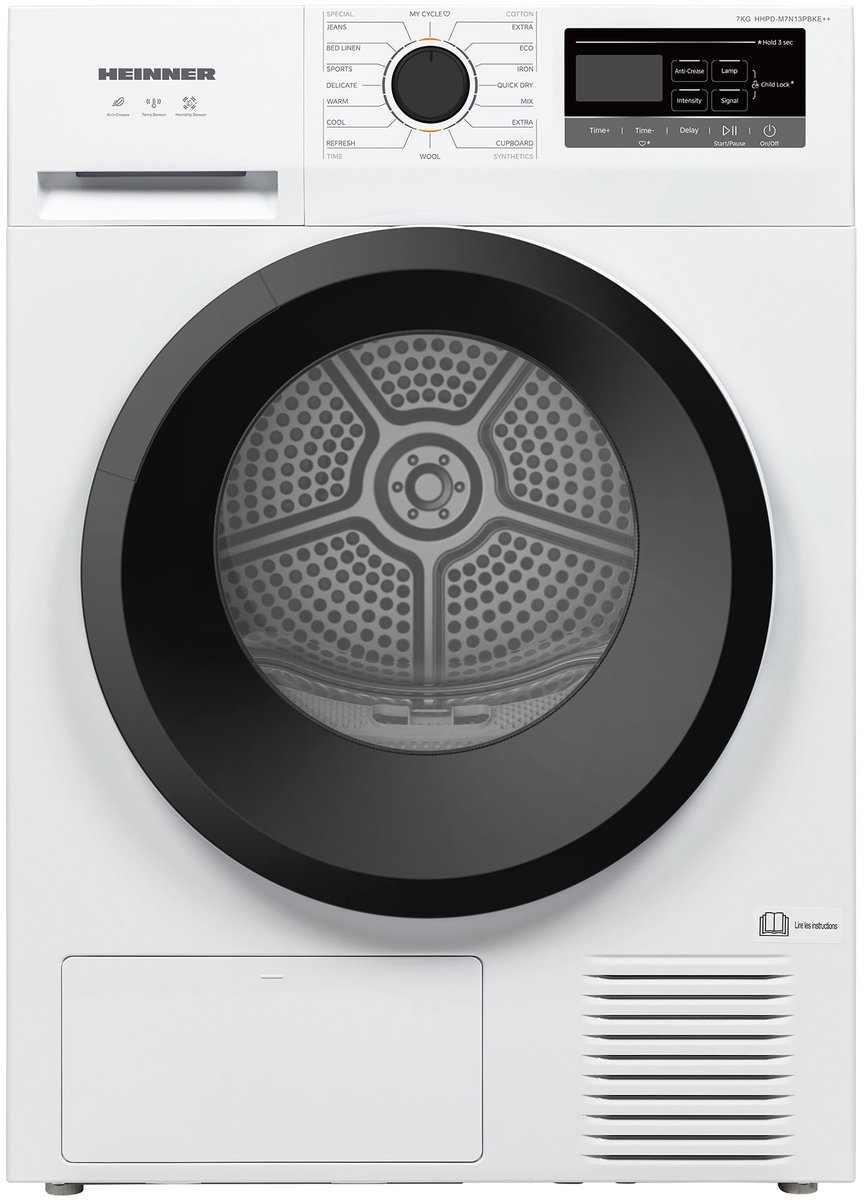Heinner HHPD-M7N13PBKE++ Warmtepompdroger 7 kg – 16 Programma’s – Anti-Kreuk & Vochtigheidssensor – LED Display – Wit – 5 Jaar Garantie