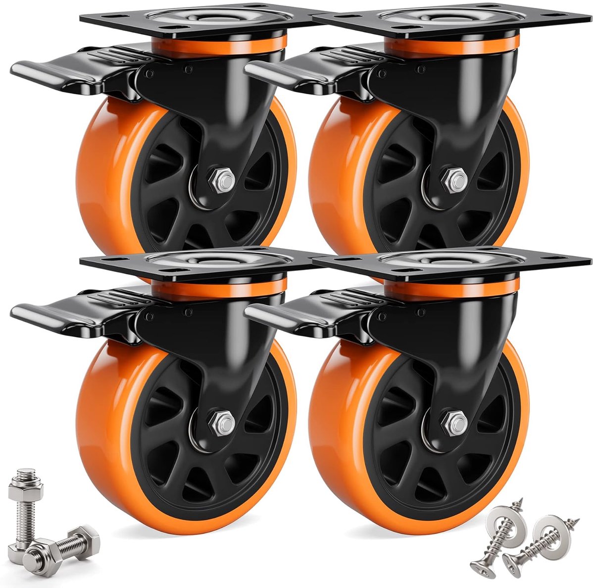 SnelShoppen - Pack van 4 zware duty wielen 100 mm met remmen, inclusief montagemateriaal, zwenkwielen, transportwielen, 360° rotatie tot 600 kg, verpl