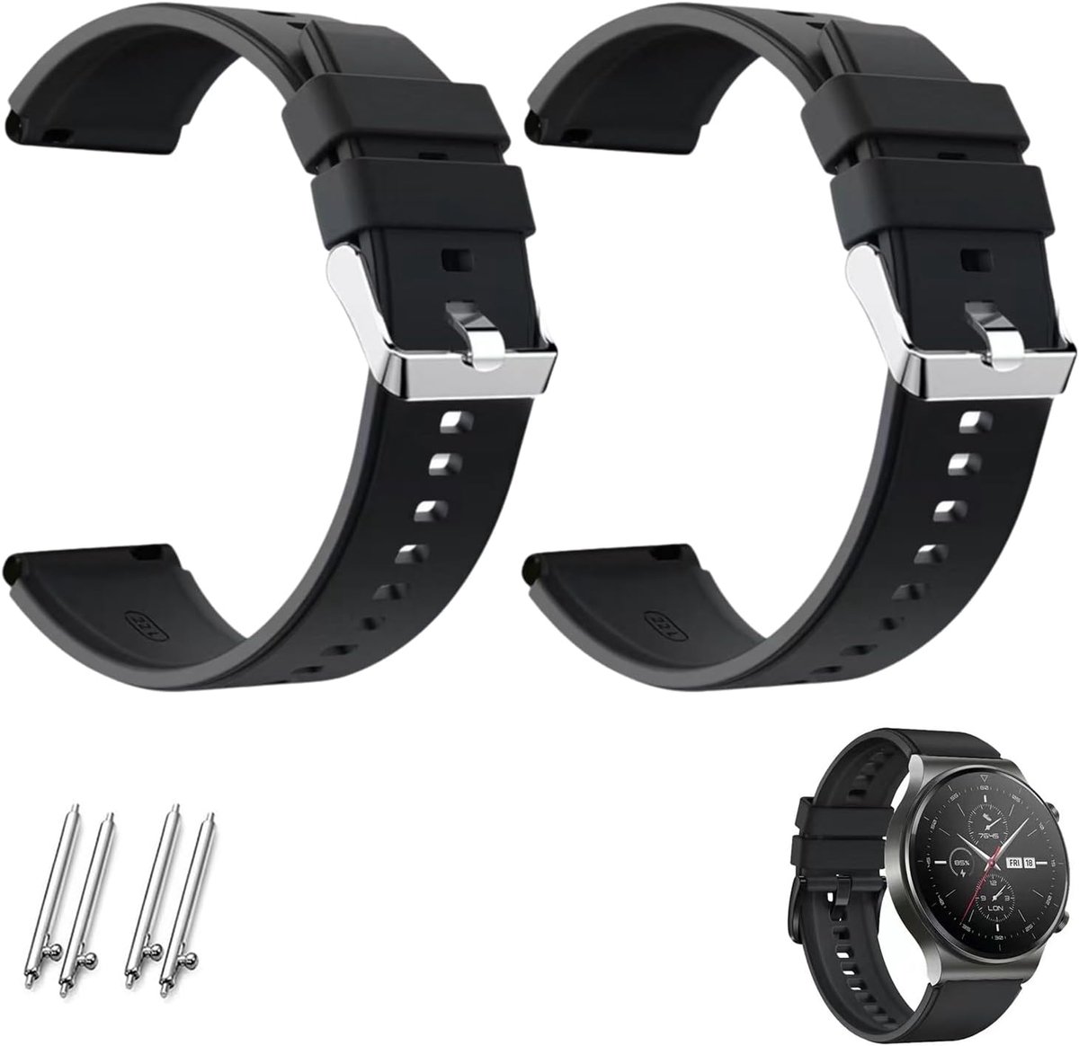 SnelShoppen - 20 mm Horlogeband Silicone 2 Pack - Zwart Rubber Sportband Snelle Ontgrendeling voor Smartwatch Mannen Vrouwen Waterdichte Vervangband