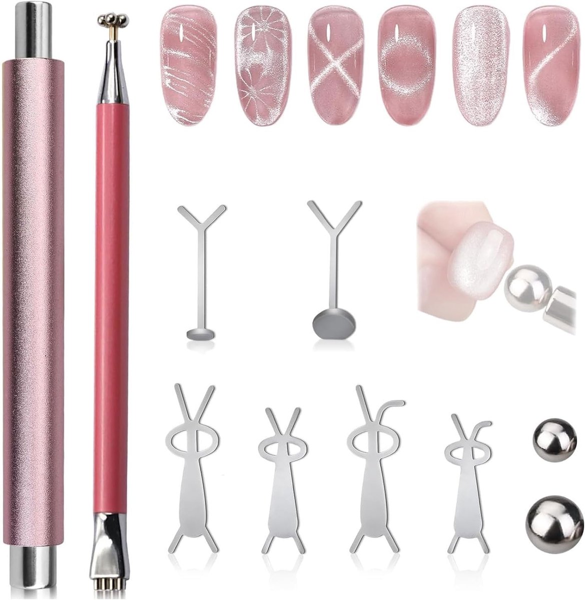 Kattenogen Nagel Kunst Gereedschap met Magnetische Pen, Magnetische Parels en Gidsen voor DIY Nagelontwerpen, Dubbelzijdige Pen met Bloemmotief voor Creatieve Nagelkunst