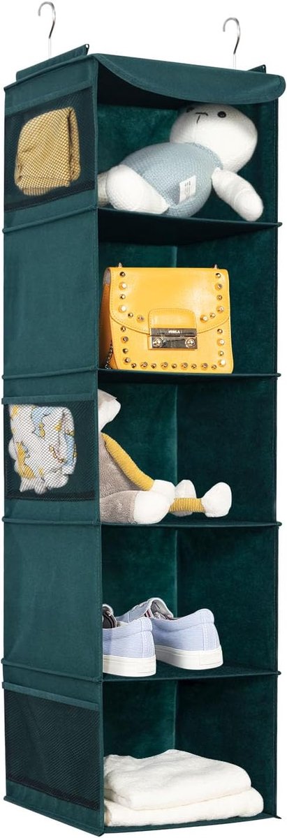 Hangrek, hangopslag met 5 vakken, hangorganizer met metalen haken, kastorganizer, opbergsysteem voor kledingkasten camping, 30 x 30 x 108 cm, donkergroen