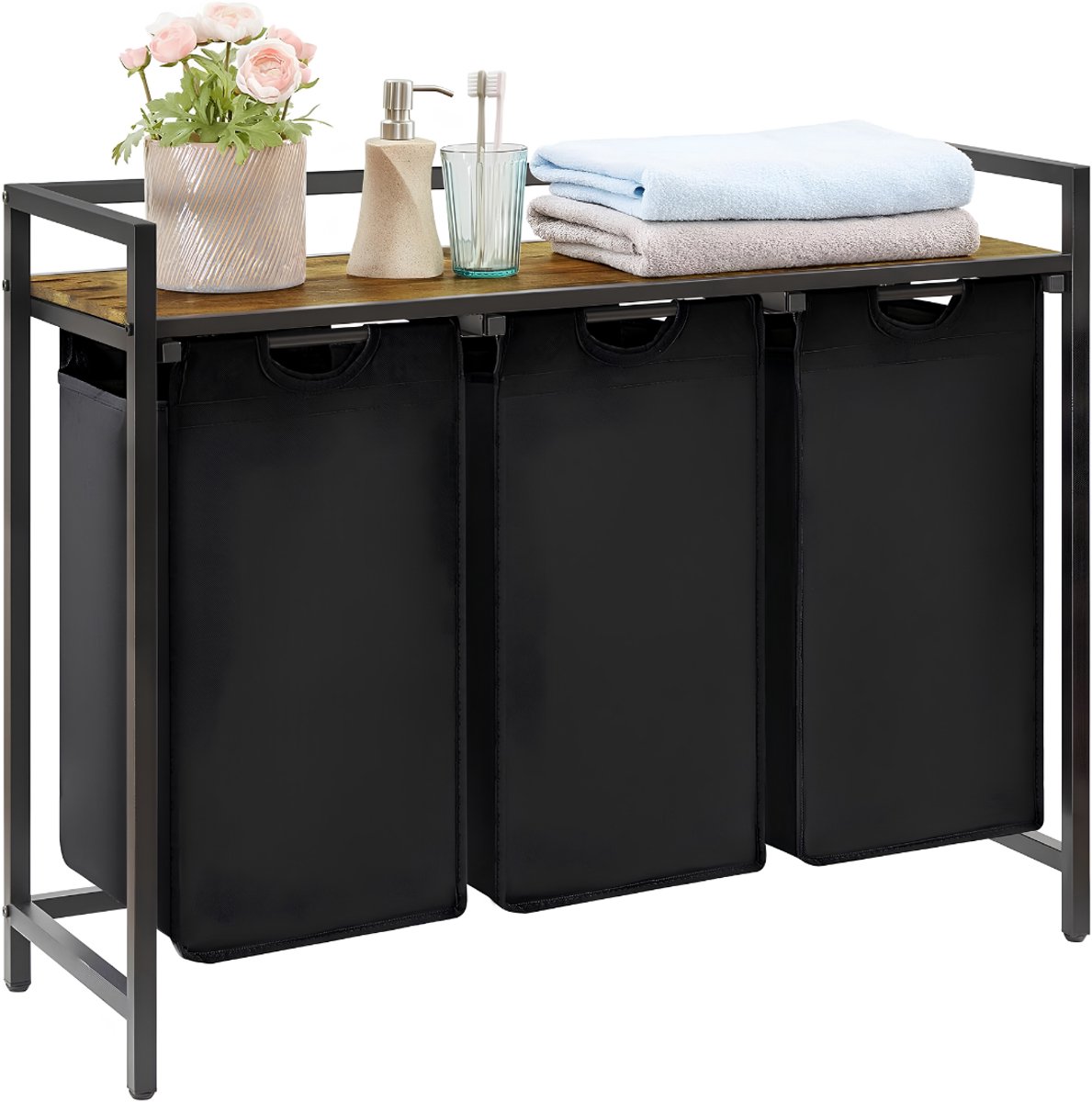Lìon® Wasmand - 120L - Wasmand 3 Vakken - Wassorteerder - Zwart - 92cm x 36cm x 8cm