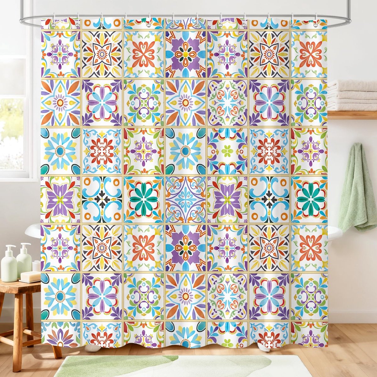 Omgoods - Boheemse Douchegordijn met Kleurige Mozaïek 72 x 72 inch