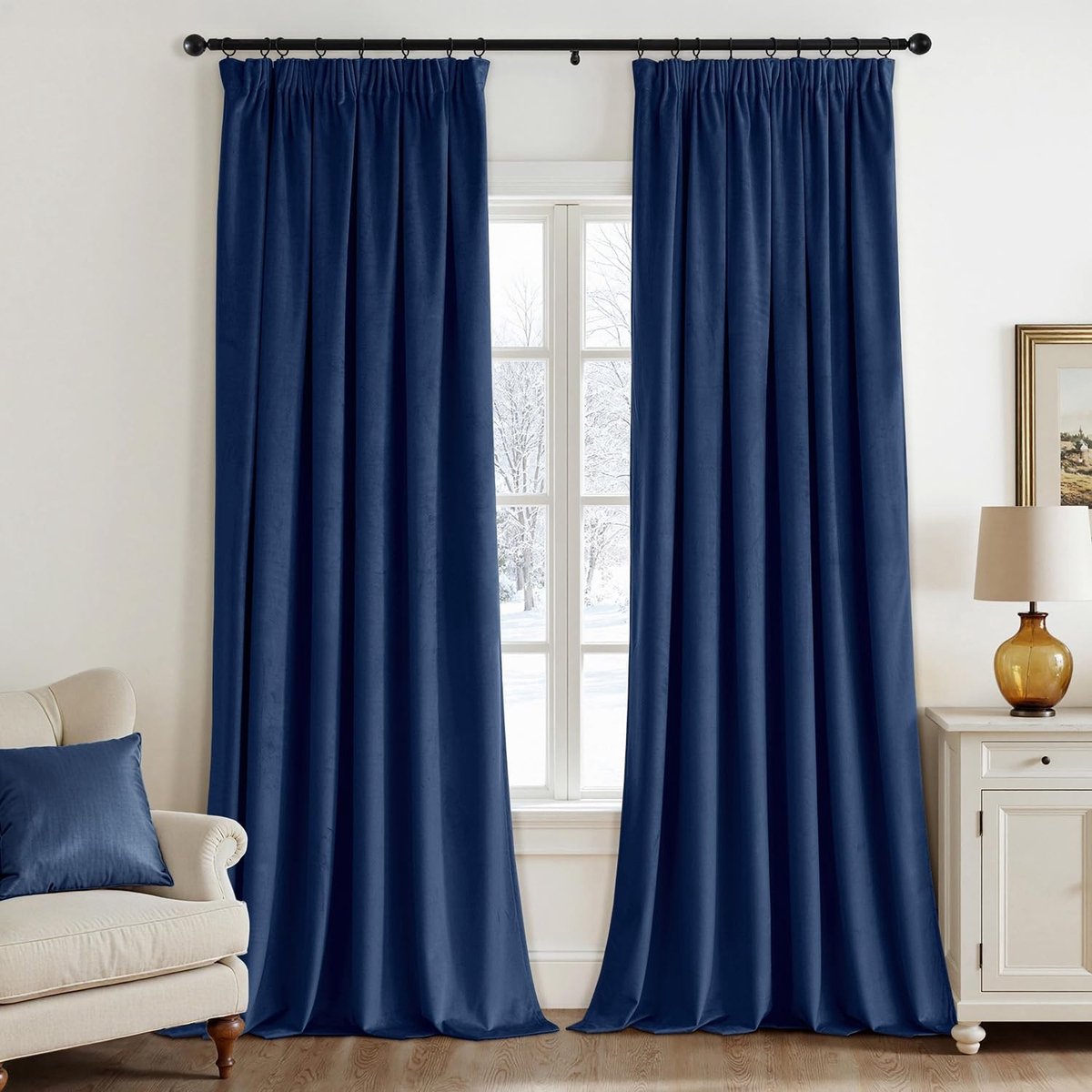 Omgoods - Velvet Gordijnen met Rimpelband, Set van 2 (Donkerblauw)