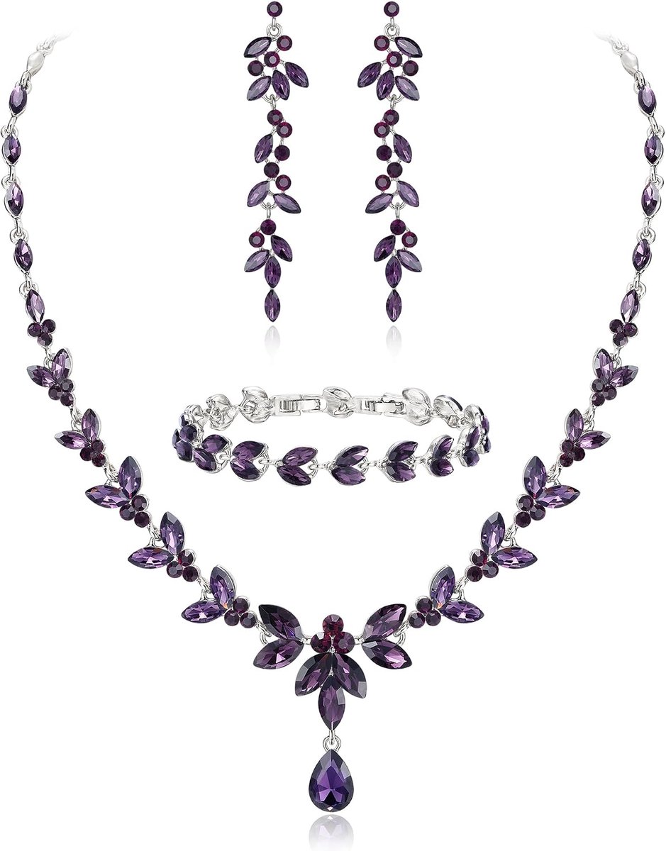FAITH Bruidssieradenset met Oostenrijkse kristallen, elegante ketting met marquise strass bladeren en bijpassende hangende oorbellen en tennisarmband