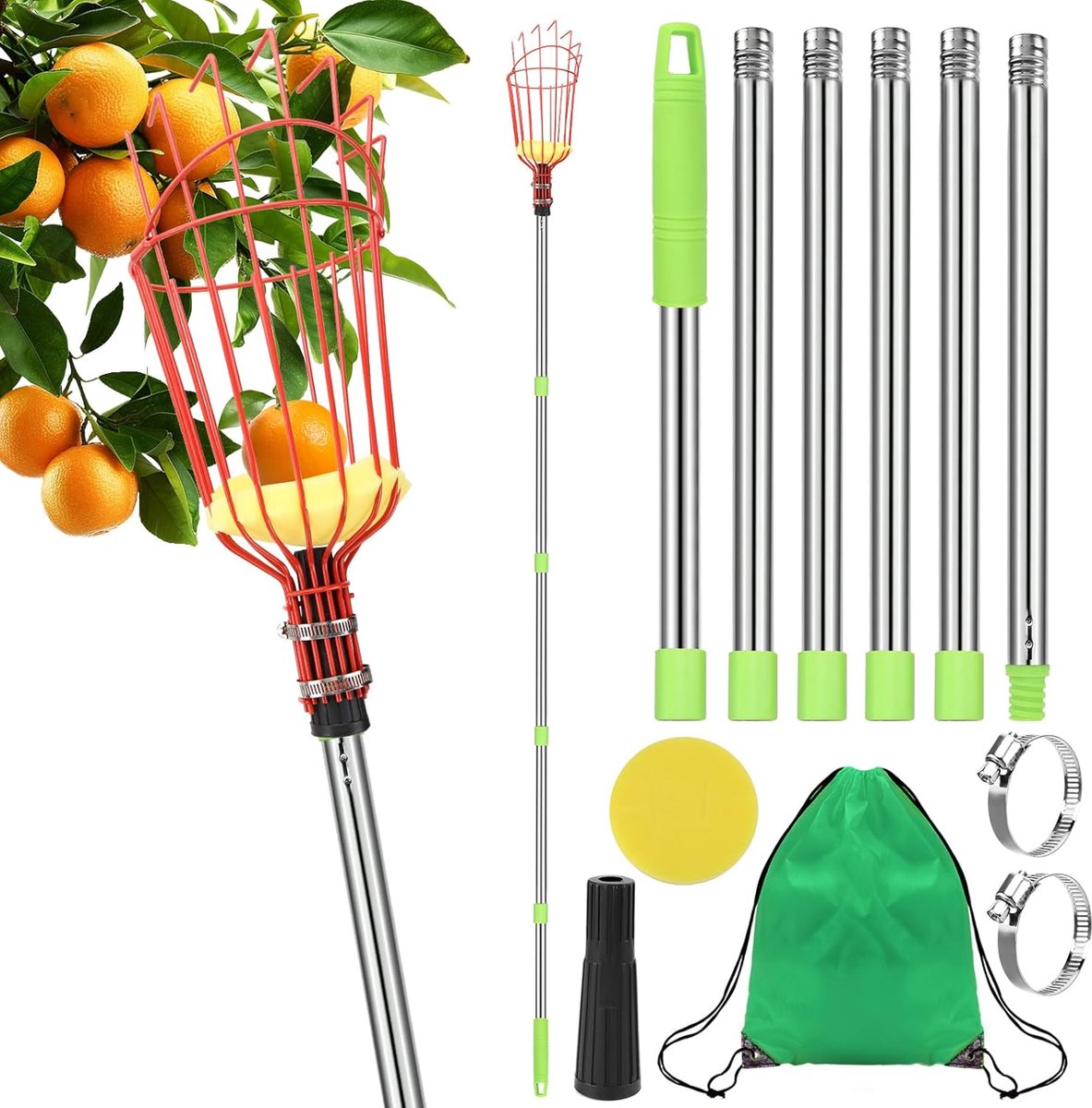 Fruitplukker met telescoopstang, 2,4 m appelplukker met katoenen zak en schuimpad, fruitplukker voor appels, citrusvruchten en peren